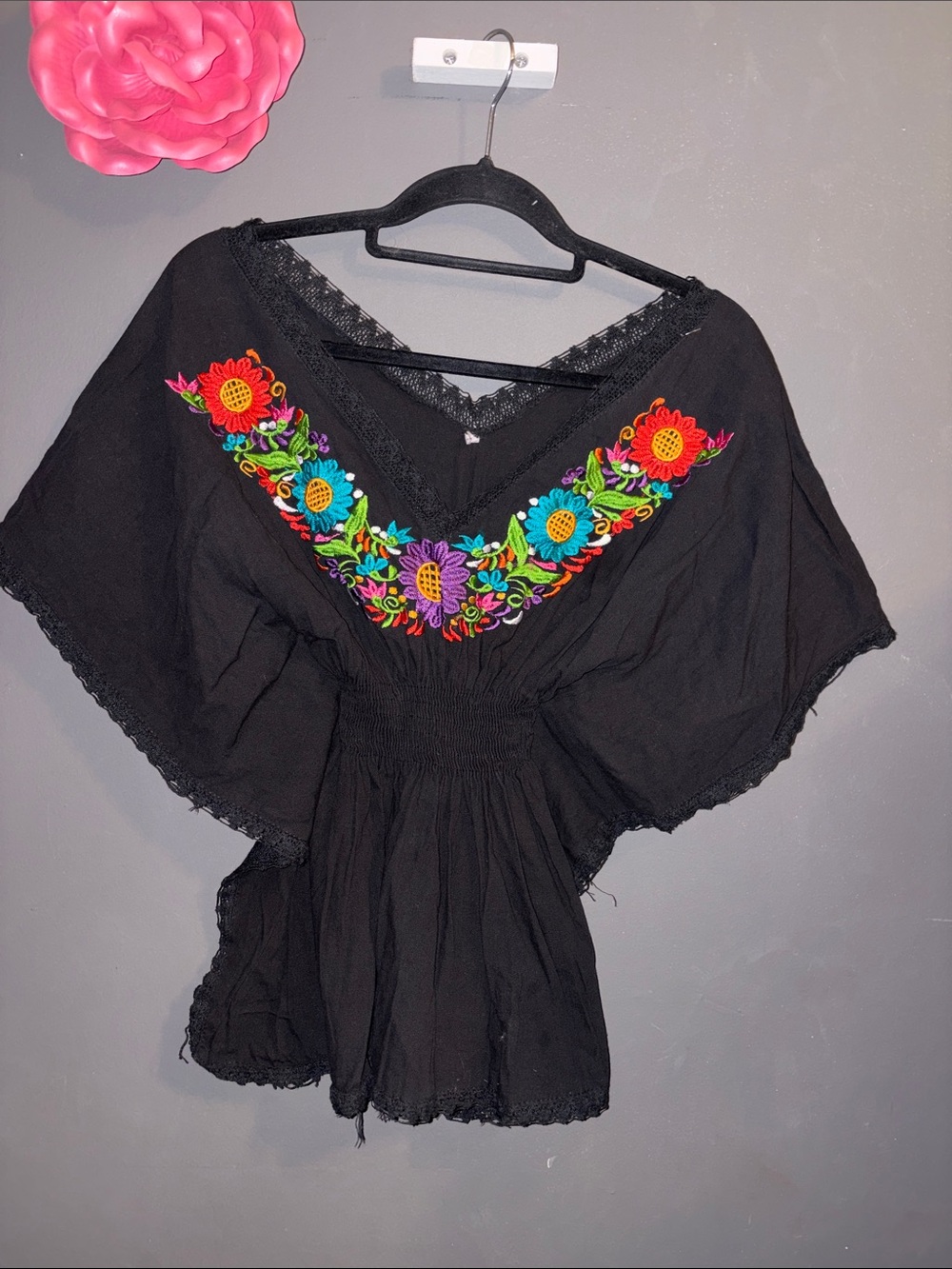 Black V-Neck Tunic Top with Multicolor Floral Embroidery